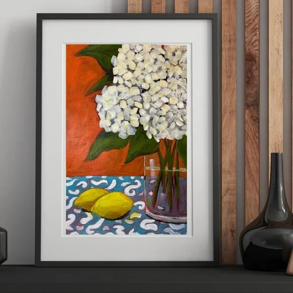 Original Acrylic Hydrangeas Still Life Painting  Farmhouse Wall Decor Retro Art - Picture 2 of 8